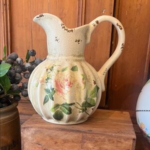 Vintage-Style Cream Floral Pitcher Home Art Décor